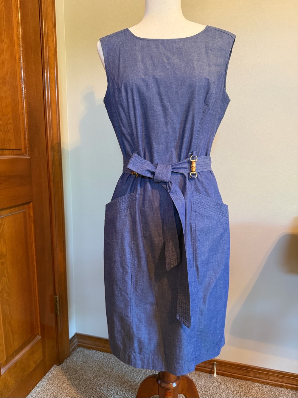 Ellen Tracy Indigo Sleeveless Belted Shift Dress